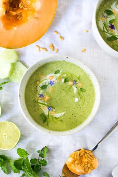 Cold Cucumber Melon Soup - an easy, healthy summer soup that can be served as an appetizer or light meal. Refreshing and delicious! #cucumbersoup #coldsoup #cantaloupesoup #coldmelonsoup #coldcucumbersoup
