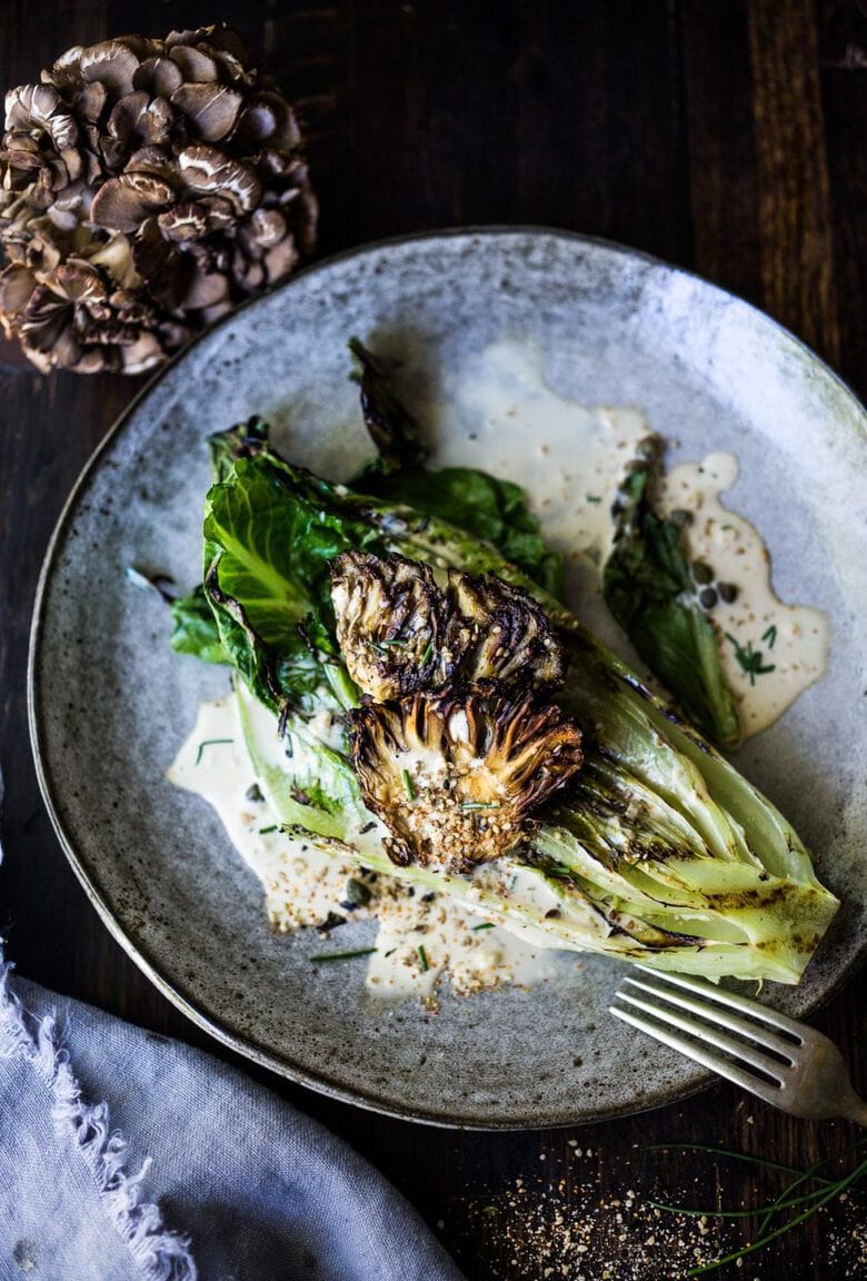 Grilled Romaine Salad with Maitake Mushrooms with Furikake Caesar Dressing -a Japanese-Inspired Caesar salad that comes together in 20 minutes! #keto #caesar #grilledromaine #grilledromainehearts #grilledromainecaesar