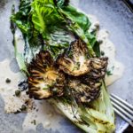 Grilled Romaine with Maitake Mushrooms with Furikake Caesar Dressing -a Japanese-Inspired Caesar salad that comes together in 20 minutes! #keto #caesar #grilledromaine #grilledromainehearts #grilledromainecaesar