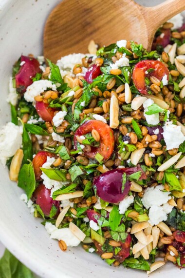 Pickled Cherry and Farro Salad with almonds, fresh herbs and Vanilla- Balsamic Dressing.