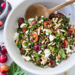 Pickled Cherry and Farro Salad with almonds, fresh herbs and Vanilla- Balsamic Dressing. #farro #farrosalad #cherrysalad #cherryrecipes #pickledrecipes