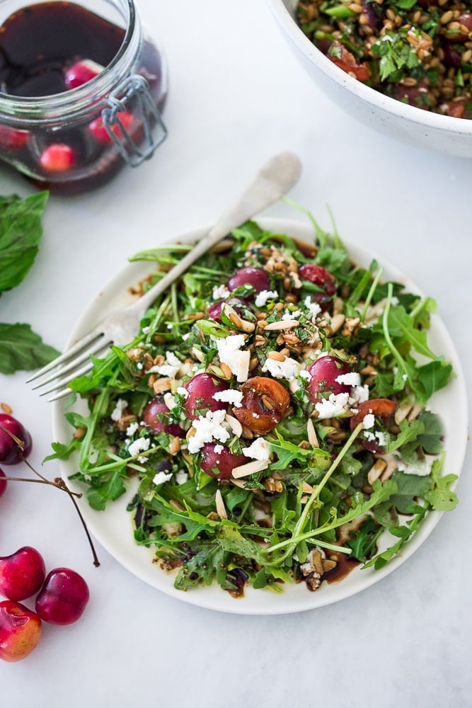 Pickled Cherry and Farro Salad with almonds, fresh herbs and Vanilla- Balsamic Dressing. #farro #farrosalad #cherrysalad #cherryrecipes #pickledrecipes