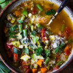 Farmers Market Vegetable Soup- a simple healthy vegan soup that is easy to make and loaded with healthy nutirients- a great way to use up all those farmers market veggies! Great for Sunday meal prep! #vegetarian #mealprep #veganmealprep #vegetablesoup #farmersmarket #vegansoup #healthysoup