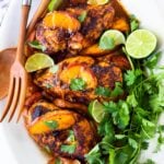 Chili Lime Chicken with Glazed Peaches - a fast and healthy weeknight dinner highlighting fresh juicy peaches. Can be made with breast or thigh meat. #chicken #chickenrecipes #peaches #easydinner #chililimechicken #weeknightdinner #easydinner