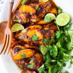 Chili Lime Peach Chicken -a fast and healthy weeknight dinner highlighting fresh juicy peaches. Can be made with breast or thigh meat. 25-30 minutes.