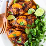 Chili Lime Peach Chicken -a fast and healthy weeknight dinner highlighting fresh juicy peaches. Can be made with breast or thigh meat.  25-30 minutes.