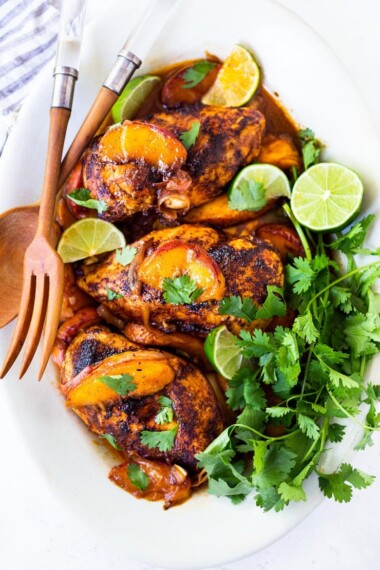 Chili Lime Peach Chicken -a fast and healthy weeknight dinner highlighting fresh juicy peaches. Can be made with breast or thigh meat.  25-30 minutes.