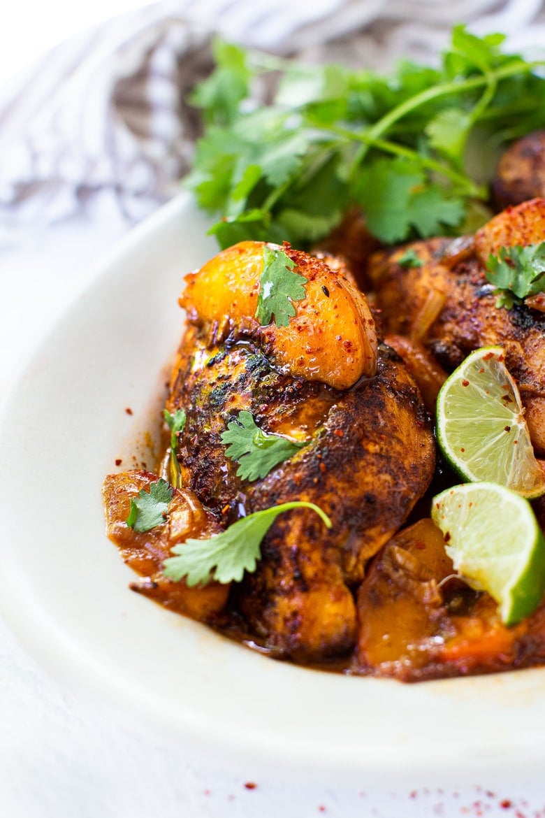 Chili Lime Chicken with Glazed Peaches - a fast and healthy weeknight dinner highlighting fresh juicy peaches. Can be made with breast or thigh meat. #chicken #chickenrecipes #peaches #easydinner #chililimechicken #weeknightdinner #easydinner 