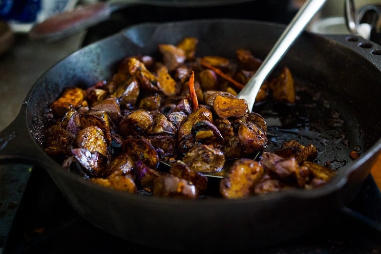 Stir-fried Chinese eggplant recipe with Szechuan sauce, chilies and peanuts 