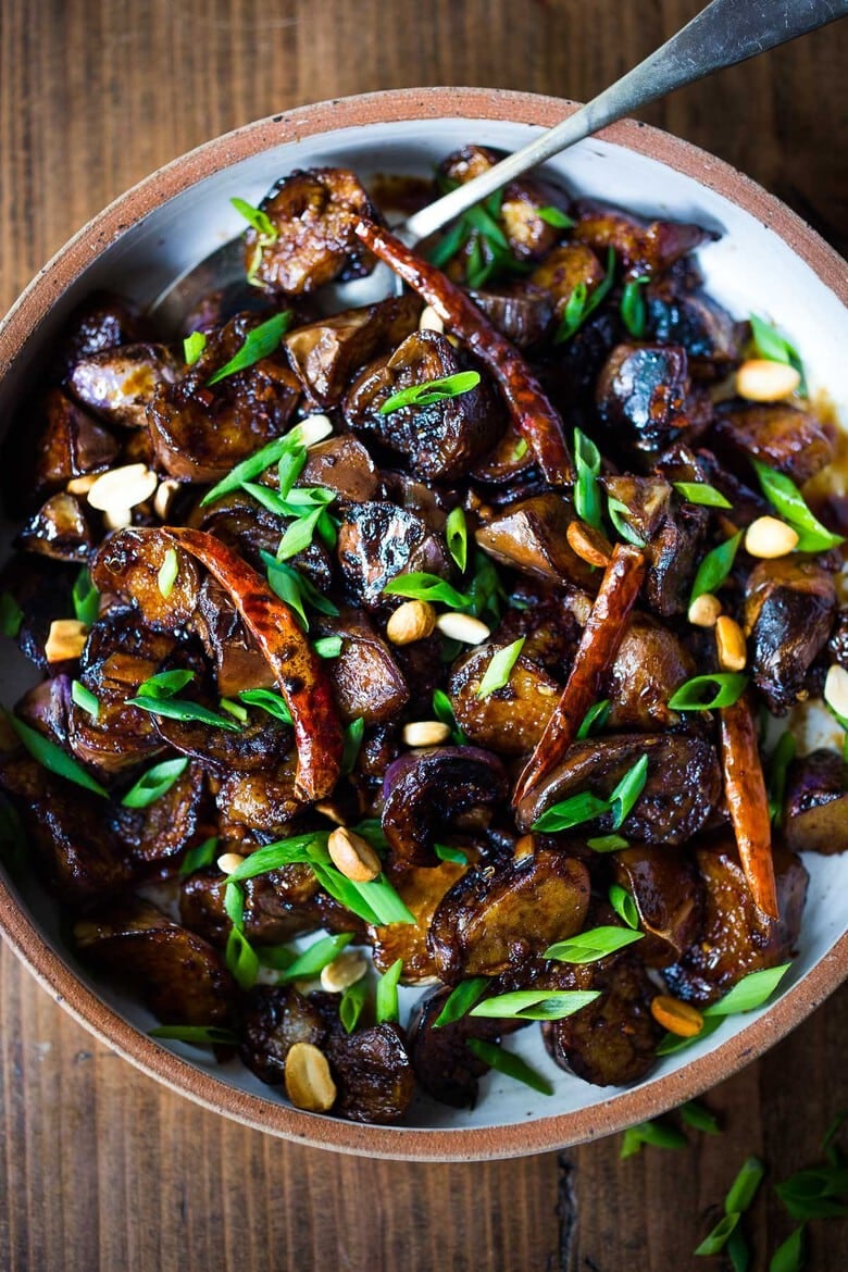 Chinese eggplant recipe with Szechuan sauce, chilies and peanuts 