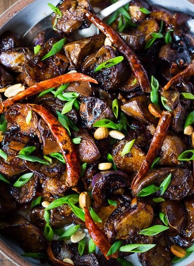 Stir-fried Chinese eggplant recipe with Szechuan sauce, chilies and peanuts