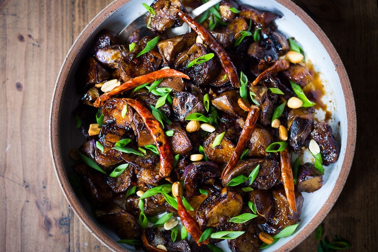 Stir-fried Chinese eggplant recipe with Szechuan sauce, chilies and peanuts 