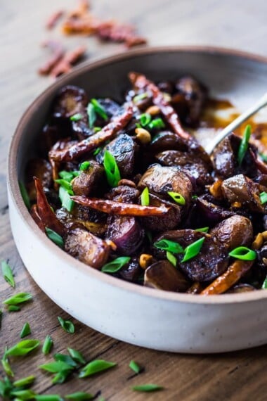 Chinese eggplant recipe with Szechuan sauce, chilies and peanuts