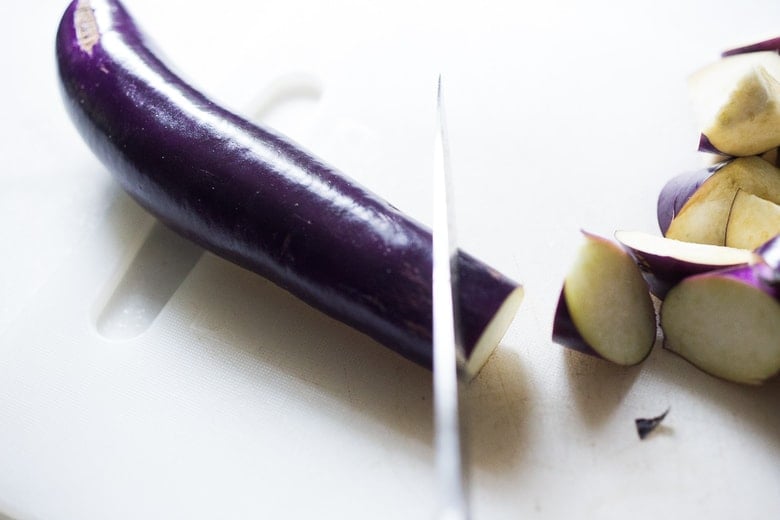 Stir-fried Chinese eggplant recipe with Szechuan sauce, chilies and peanuts 