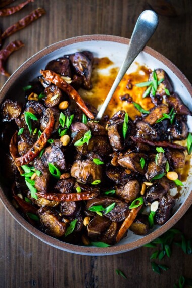 Chinese eggplant recipe with Szechuan sauce, chilies and peanuts