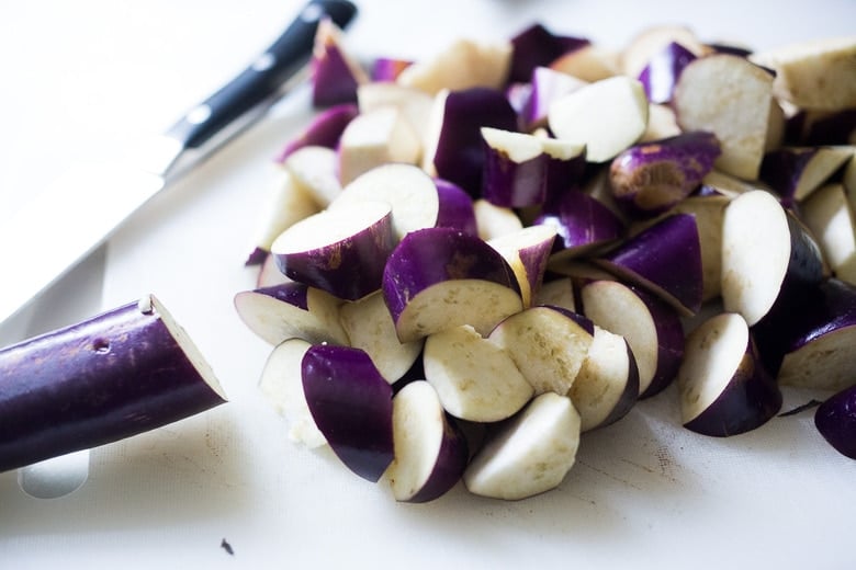 Stir-fried Chinese eggplant recipe with Szechuan sauce, chilies and peanuts Stir-fried Chinese eggplant recipe with Szechuan sauce, chilies and peanuts 