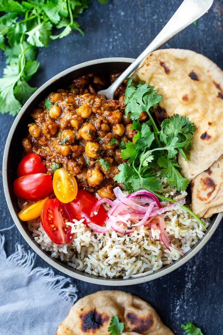 20 Plant-based Chickpea Recipes! ||This authentic Chana Masala Recipe can be made in an Instant pot or on the stove top. A quick and easy Vegetarian dinner recipe that is full of amazing Indian flavor! #chanamasala #chana #vegetariandinner