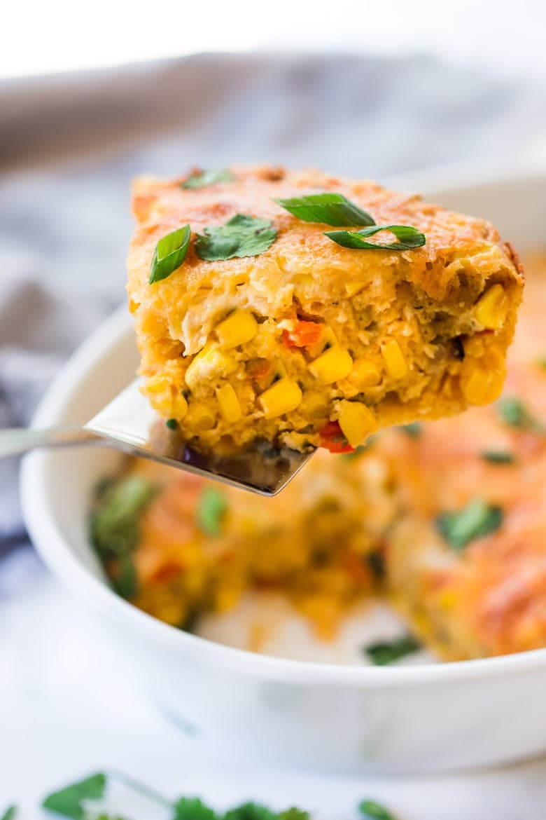 This vegetarian Cornbread Casserole takes just 20 minutes of prep before baking in the oven. When it comes out, it smells amazing and is beautifully golden. A simple tasty weeknight dinner. #cornbreadcasserole #vegetariandinner #cornbread #mexicancornbread #casserole