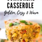 This vegetarian Cornbread Casserole takes just 20 minutes of prep before baking in the oven. When it comes out, it smells amazing and is beautifully golden.  A simple tasty weeknight dinner. #cornbreadcasserole #vegetariandinner #cornbread #mexicancornbread #casserole