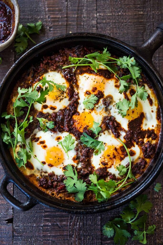 Moroccan eggs in a skillet. 