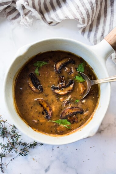 Truly the best mushroom gravy recipe! Full of flavor, depth and complexity without any pan drippings. Use this on mashed potatoes, walnut loaf, biscuits, turkey or stuffing! Vegan-adaptable.