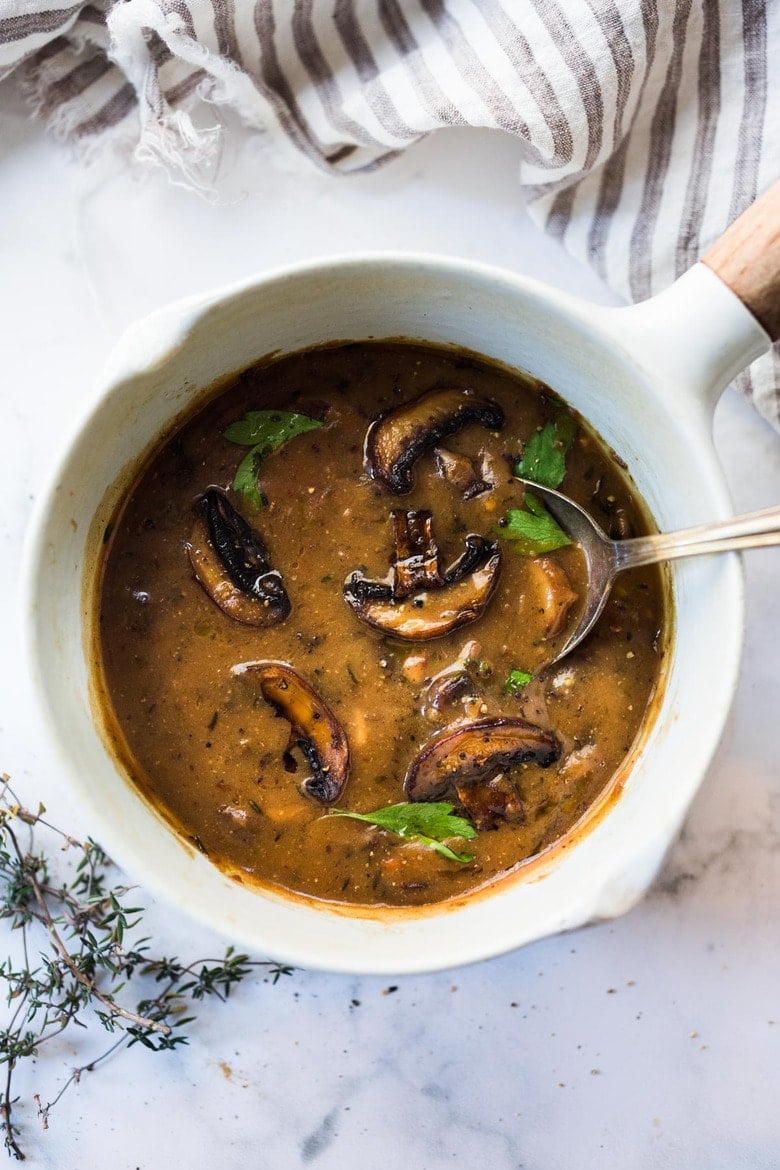 Truly the best mushroom gravy recipe! It's super easy, vegan-adaptable & gluten-free adaptable, and soooooooooo full of flavor, depth and complexity with the addition of miso! Use this on mashed potatoes, turkey or stuffing! 