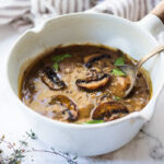 A simple recipe for Mushroom Gravy! Delicious and Flavorful with depth and complexity, use this on mashed potatoes, biscuits or stuffing. Vegan and GF adaptable!