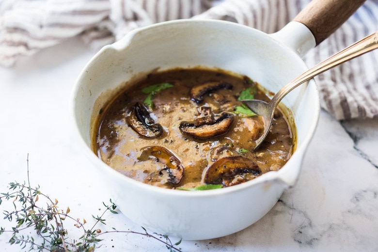 A simple recipe for Mushroom Gravy! Delicious and Flavorful with depth and complexity, use this on mashed potatoes, biscuits or stuffing. Vegan and GF adaptable!