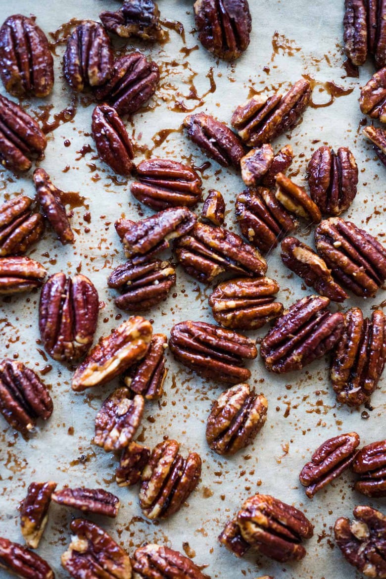 maple-roasted candied pecans baked in the oven 