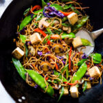 Veggie Lo Mein! On the table in under 20 minutes! Loaded up with healthy veggies, this VEGAN dinner recipe is fast and easy, perfect for busy weeknights! #lomein #lomeinnoodles #vegandinner #veganrecipes #veganlomein #stirfry