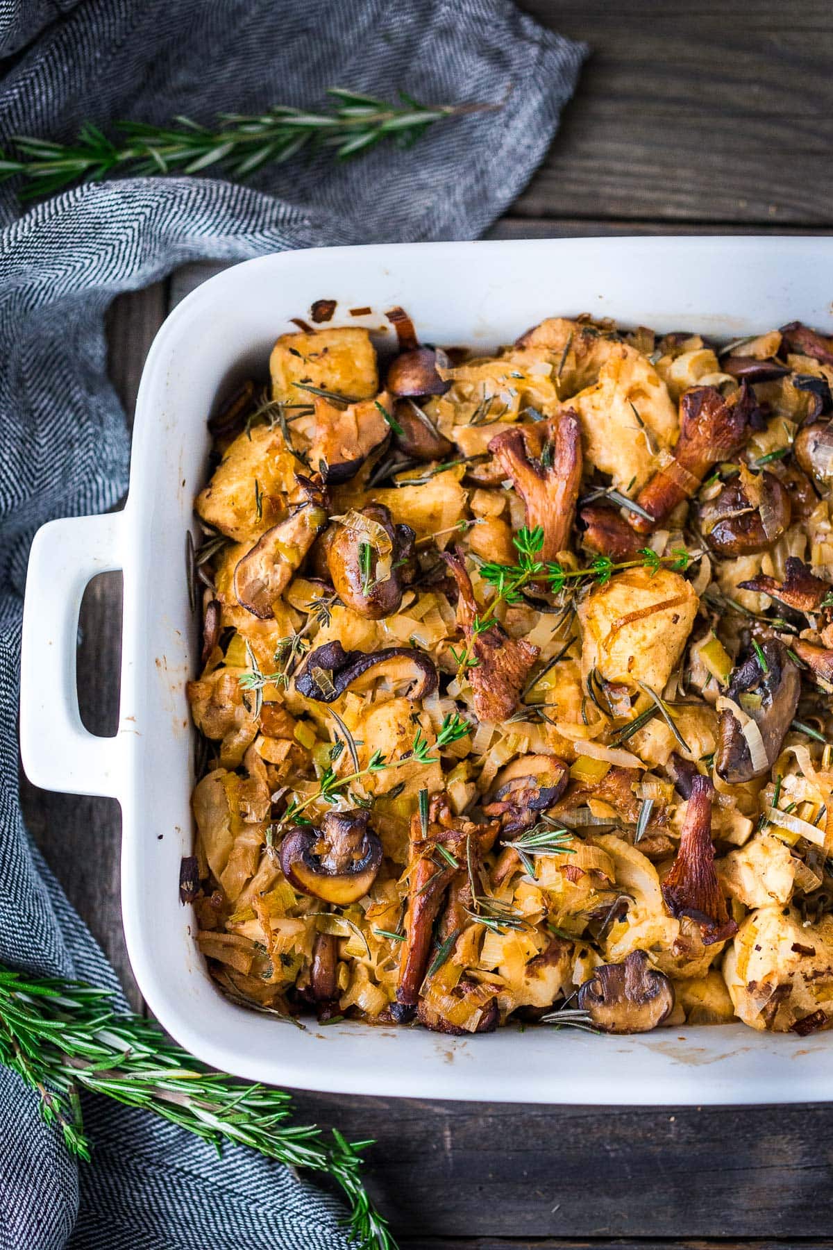 Packed full of mushrooms, leeks and thyme, this Mushroom Stuffing recipe is so savory and delicious! A tasty vegetarian side dish full of depth and umami flavor, perfect for the holiday table, or as a hearty vegetarian main. Vegan-adaptable!