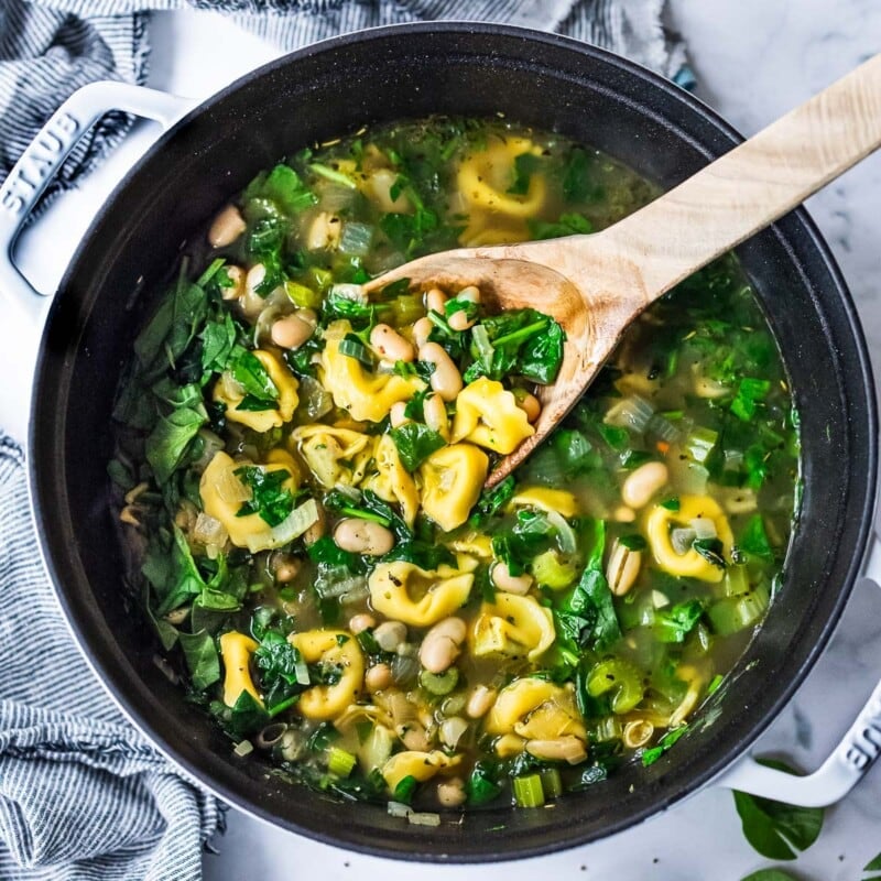 This Tortellini Soup Recipe with Spinach, Basil, and white beans is our new favorite! It's a mouth-watering vegetarian soup that can be made in under 25 minutes, all in ONE pot! The leftovers make a delicious lunch during the week! 