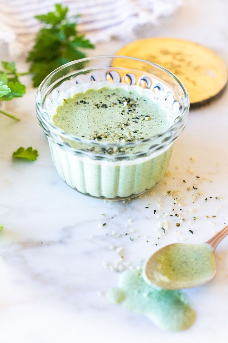 5-Minute Creamy Hemp Dressing is vegan, herby and delicious- an easy way to spice up your favorite salads and veggie platters! Make this with fresh dill, parsley or basil! Keto and vegan. #hempdressing #vegandressing #ketodressing #healthydressing #hemprecipes #hempseeds