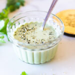 5-Minute Creamy Hemp Dressing is vegan, herby and delicious- an easy way to spice up your favorite salads and veggie platters! Make this with fresh dill, parsley or basil! Keto and vegan. #hempdressing #vegandressing #ketodressing #healthydressing #hemprecipes #hempseeds