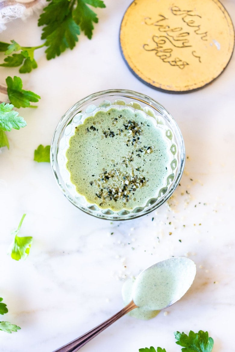 5-Minute Creamy Hemp Dressing is vegan, herby and delicious- an easy way to spice up your favorite salads and veggie platters! Make this with fresh dill, parsley or basil! Keto and vegan. #hempdressing #vegandressing #ketodressing #healthydressing #hemprecipes #hempseeds