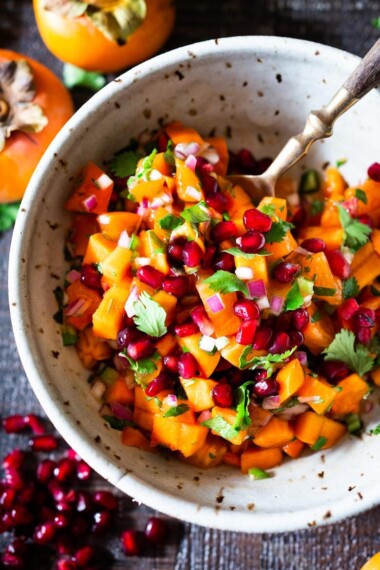 How to make the most delicious salsa in winter, using Fuyu Persimmons instead of tomatoes! Easy, quick and flavorful! Use this on fish tacos or like you would Pico de Gallo. #salsa #persimmons #persimmonrecipes #picodegallo