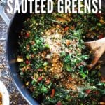 Sautéed kale and chard with garlic, shallots and lemon - a simple side dish that is vegan, low carb, Keto and full of healthy nutrients! Delicious flavor and can be made in 20 minutes! #sautéedkale #sautéedgreens, #wiltedkale, #ketosidedish, #vegansidedish