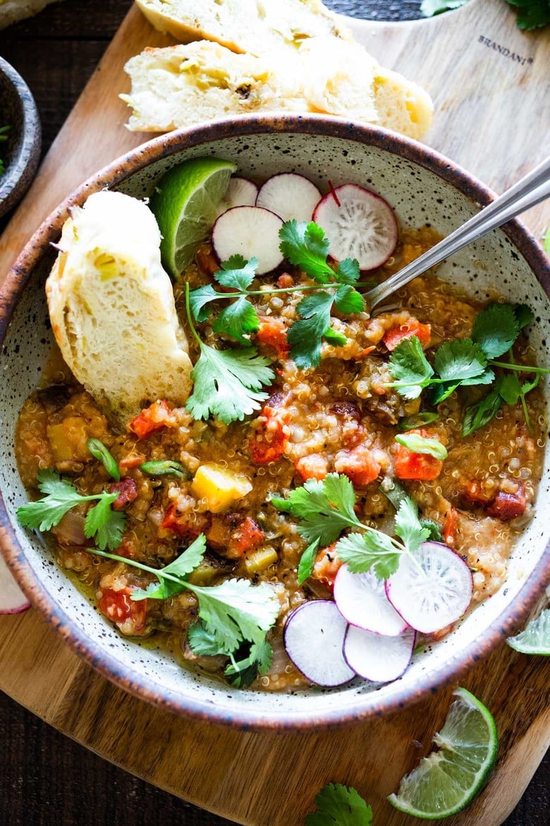 This Moroccan Red Lentil Quinoa Soup is made with simple ingredients, easy to make and full of delicious flavor! Make this in an Instant Pot or stove top. #lentilsoup #veganlentilsoup #vegansoup #quinoasoup #moroccansoup #redlentilsoup