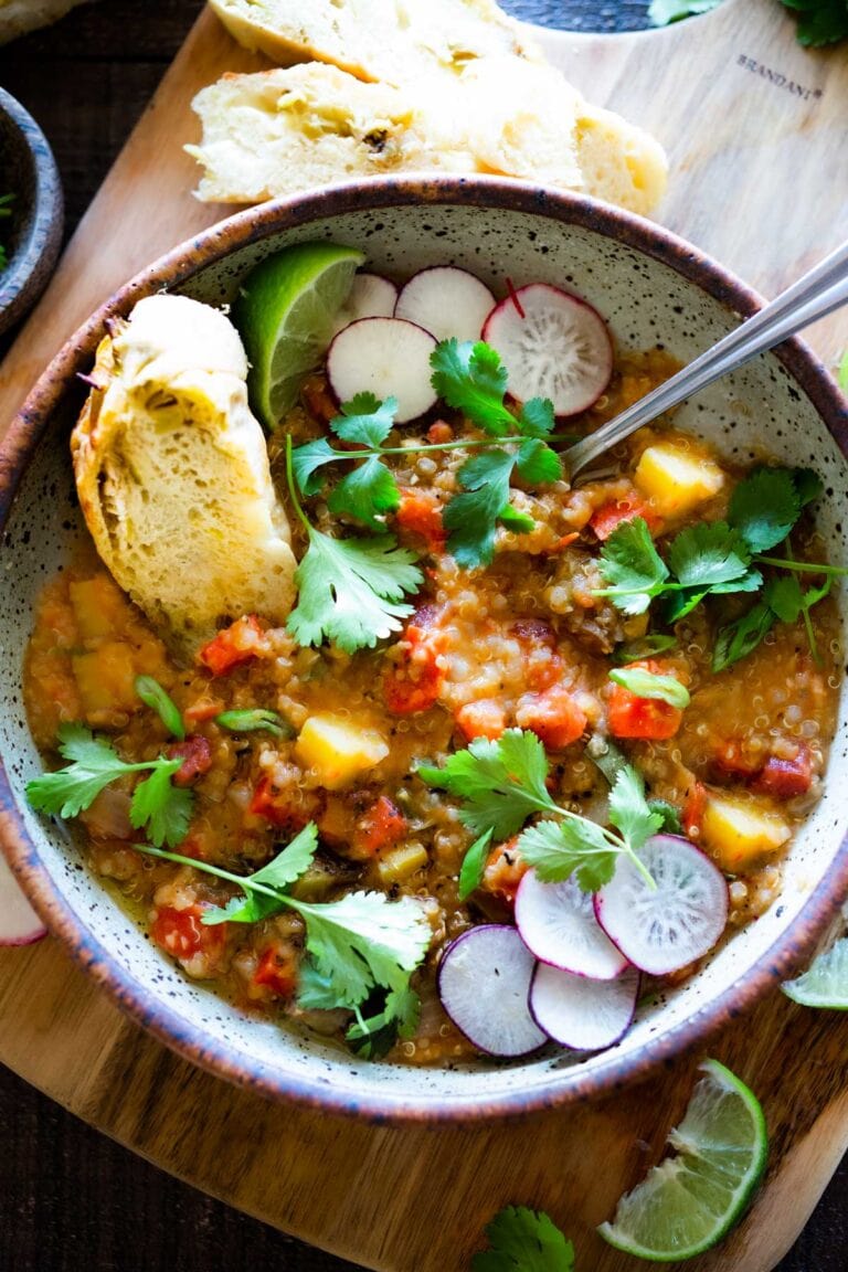 This Moroccan Red Lentil Quinoa Soup is made with simple ingredients, easy to make and full of delicious flavor! Make this in an Instant Pot or stove top. #lentilsoup #veganlentilsoup #vegansoup #quinoasoup #moroccansoup #redlentilsoup