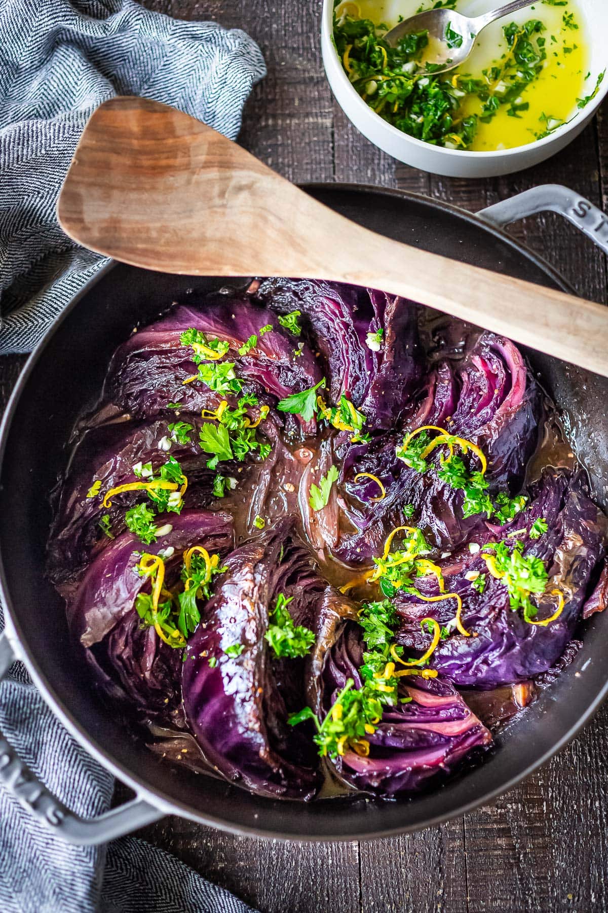 This Braised Cabbage recipe is meltingly tender and flavorful.  Serve it as a side dish, or as a vegetarian main, you'll love the savory flavor and succulent texture. Vegan.