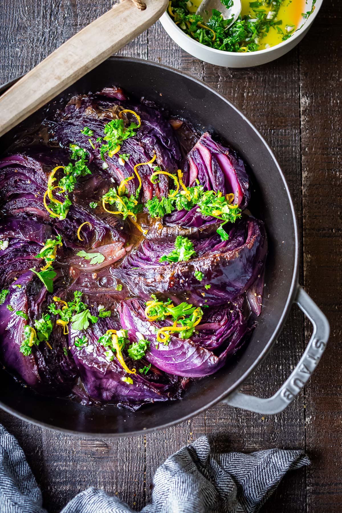 This Braised Cabbage recipe is meltingly tender and flavorful.  Serve it as a side dish, or as a vegetarian main, you'll love the savory flavor and succulent texture. Vegan.
