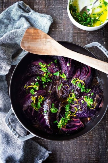 Slow Braised Cabbage - slow cooked in the oven until meltingly tender, topped with Gremolata. Vegan and Gluten-free. #cabbage #braisedcabbage