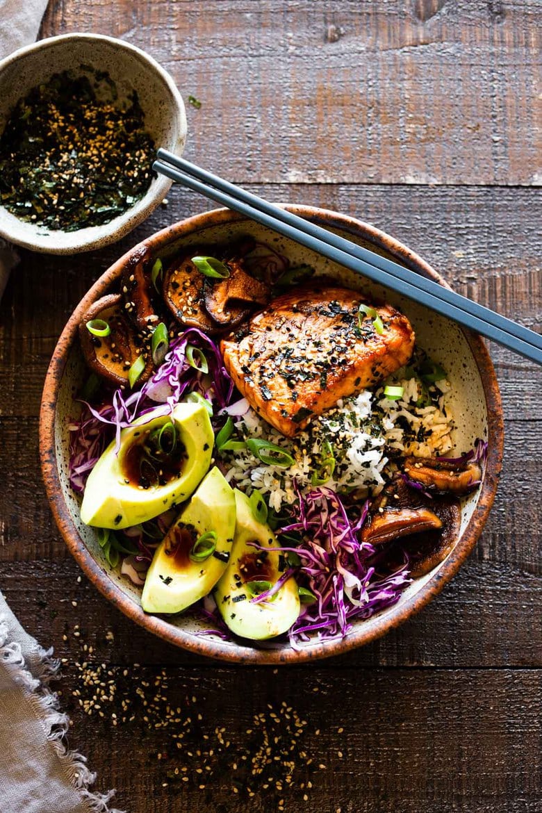 Pan-seared Furikake Salmon with shiitake mushrooms, sauteed cabbage, avocado and optional rice. Make this in 30 minutes! 