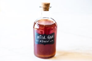 A simple Rose Tincture that opens the heart, quiets the mind and soothes the soul. Calming and uplifting it aids in our overall wellbeing, balancing all 3 doshas. Made with simple ingredients, this takes only 15 minutes of hands-on time! Add a splash of this Wild Rose Elixer to sparkling water, champagne, tea, or cocktails. #tincture #rose #elixir #lovepotion