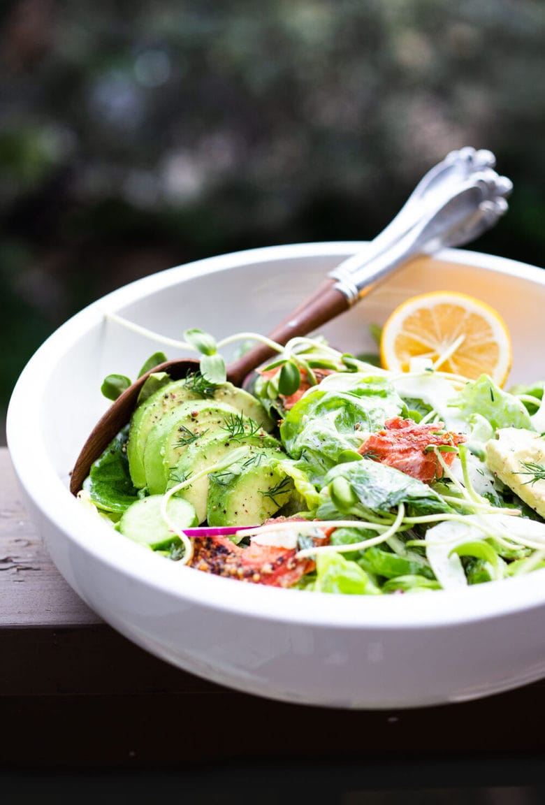  Smoked Salmon, Avocado and Fennel Salad with butter lettuce and creamy Dill Dressing. Fast and easy, this hearty entree salad makes for a delicious lunch or dinner main. 