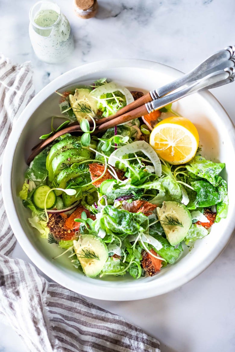 30 Summer Dinners for Hot Days! Smoked Salmon, Avocado and Fennel Salad with butter lettuce and creamy Dill Dressing. Fast and easy, this hearty entree salad makes for a delicious lunch or dinner main. #salad #salmonsalad
