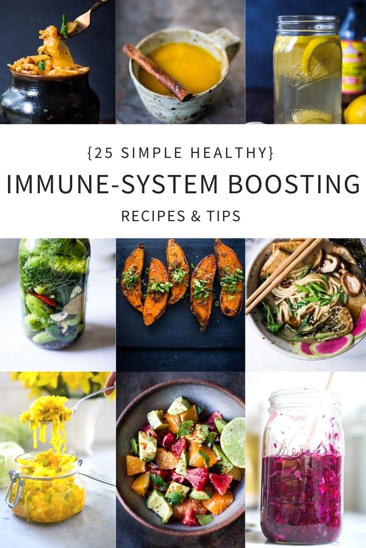 Here are 25 Immune-Boosting Foods and Recipes to help keep us healthy and well. Full of healthy probiotics, antioxidants, Vitamin C, and Zinc, these can easily be incorporated into our everyday diet. #probiotics #immuneboosting #immunityboosting