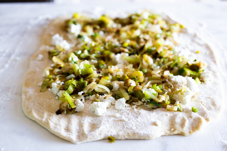 A simple delicious recipe for Leek Bread to serve with your favorite soups and stews. #leeks #bread