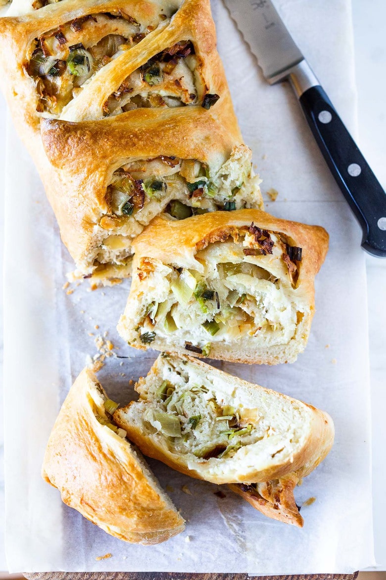 A simple delicious recipe for Leek Bread to serve with your favorite soups and stews. #leeks #bread