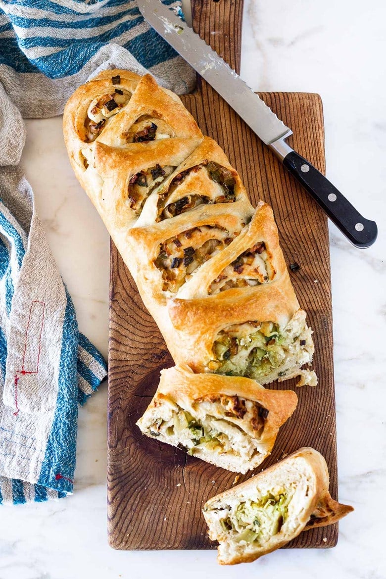 A simple delicious recipe for Leek Bread to serve with your favorite soups and stews. #leeks #bread
